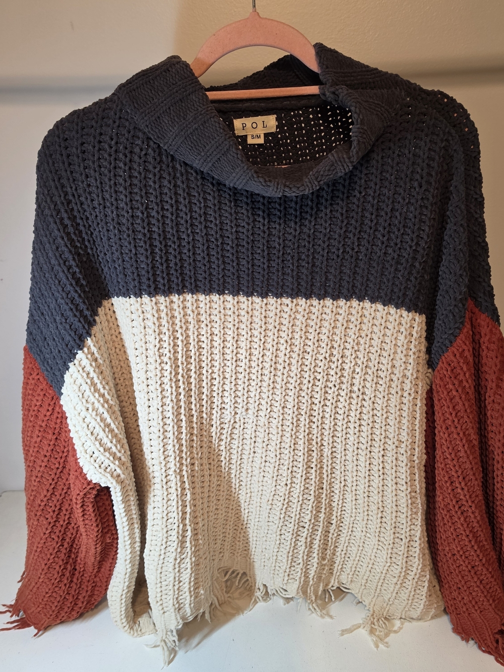 POL Colorblock Chunky Knit Sweater - Navy, Cream & Rust